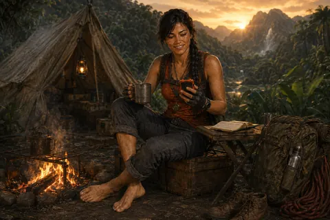 Cara at the survey camp at golden hour, boots off, coffee in hand
