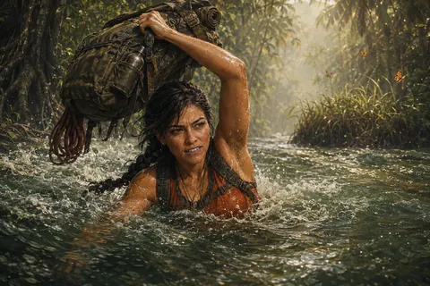 Cara swimming the river with her pack held overhead