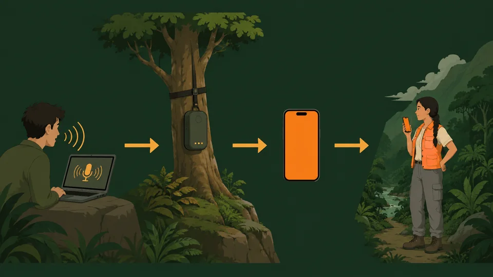 Diagram: a player at a laptop, a relay on a tree, Cara’s orange phone, Cara in the valley